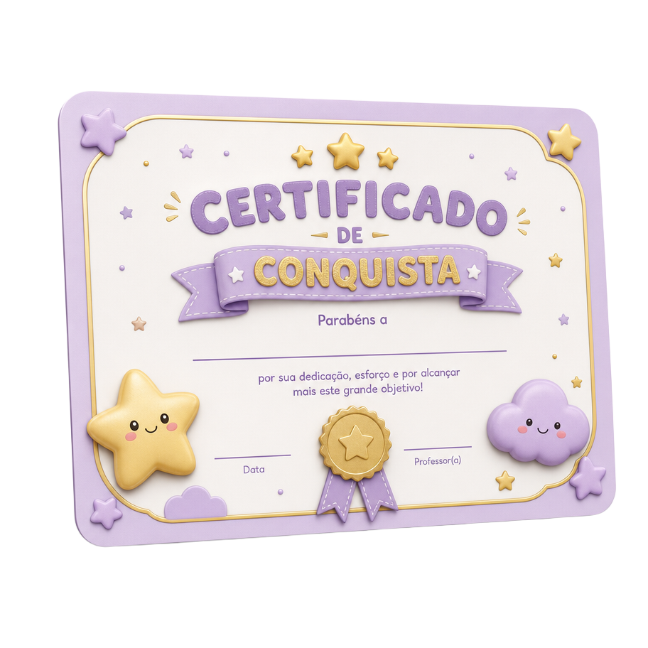 Mockup do Certificado de Conquista em lilás com detalhes dourados