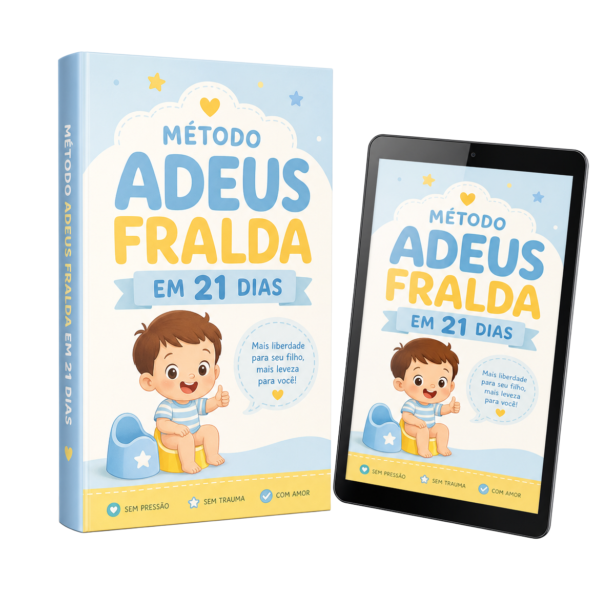 Mockup do ebook Método Adeus Fralda em 21 Dias em livro impresso e tablet