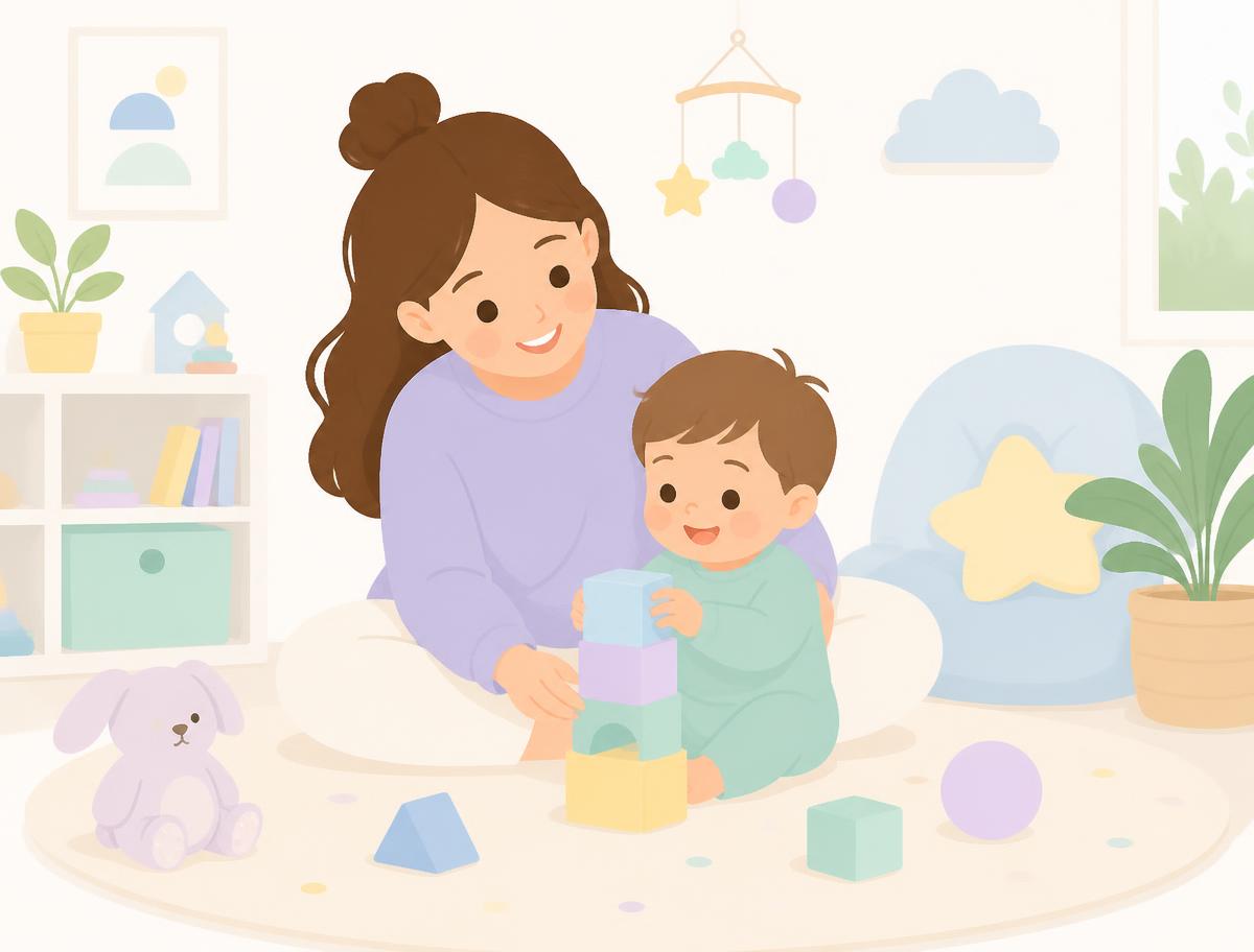 Mãe sentada no chão brincando com o filho pequeno em um quarto infantil claro